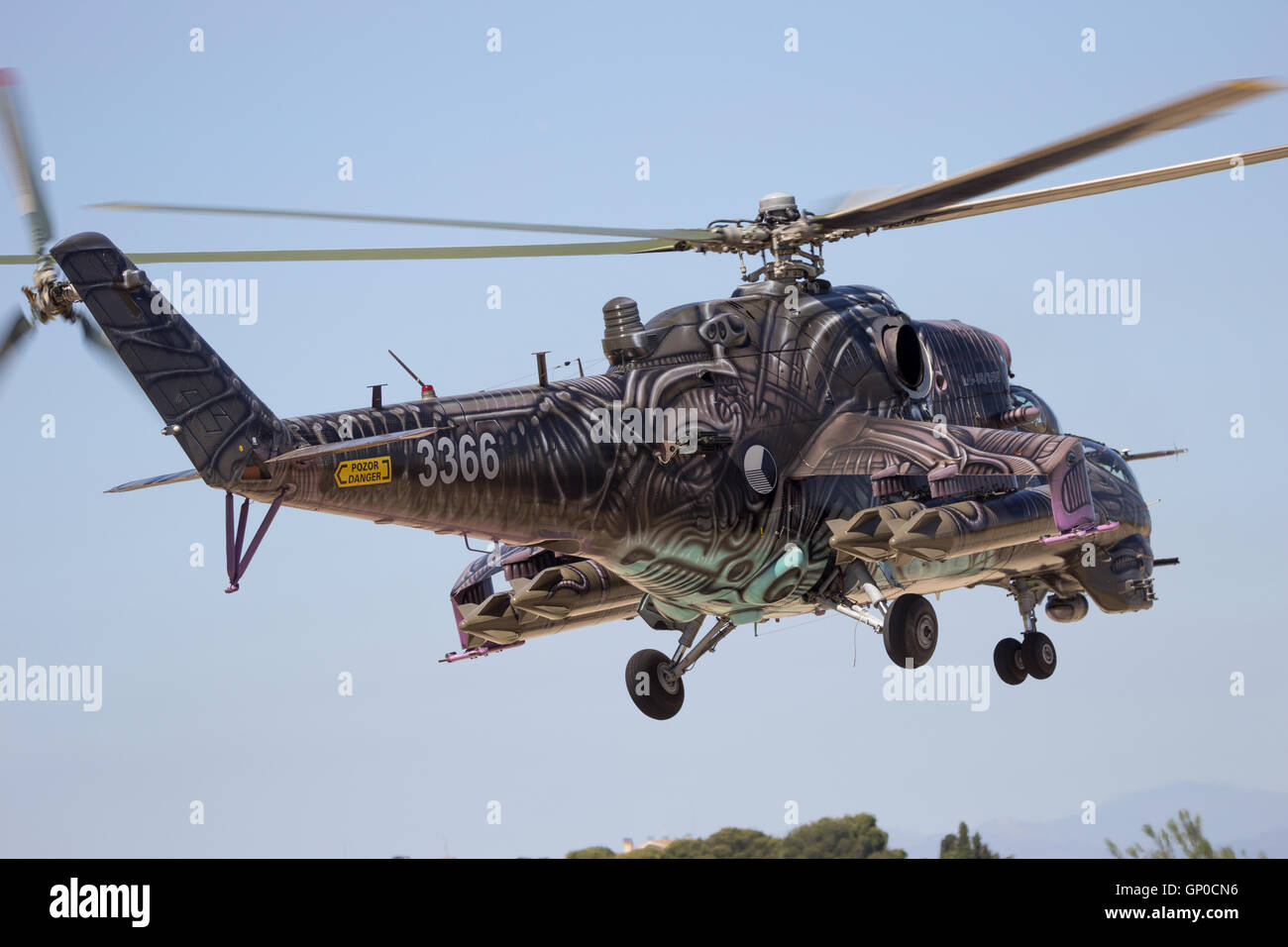 Special painted Czech Republic Air Force Mil Mi-24 Hind attack helicopter taking off from Zaragoz Stock Photo