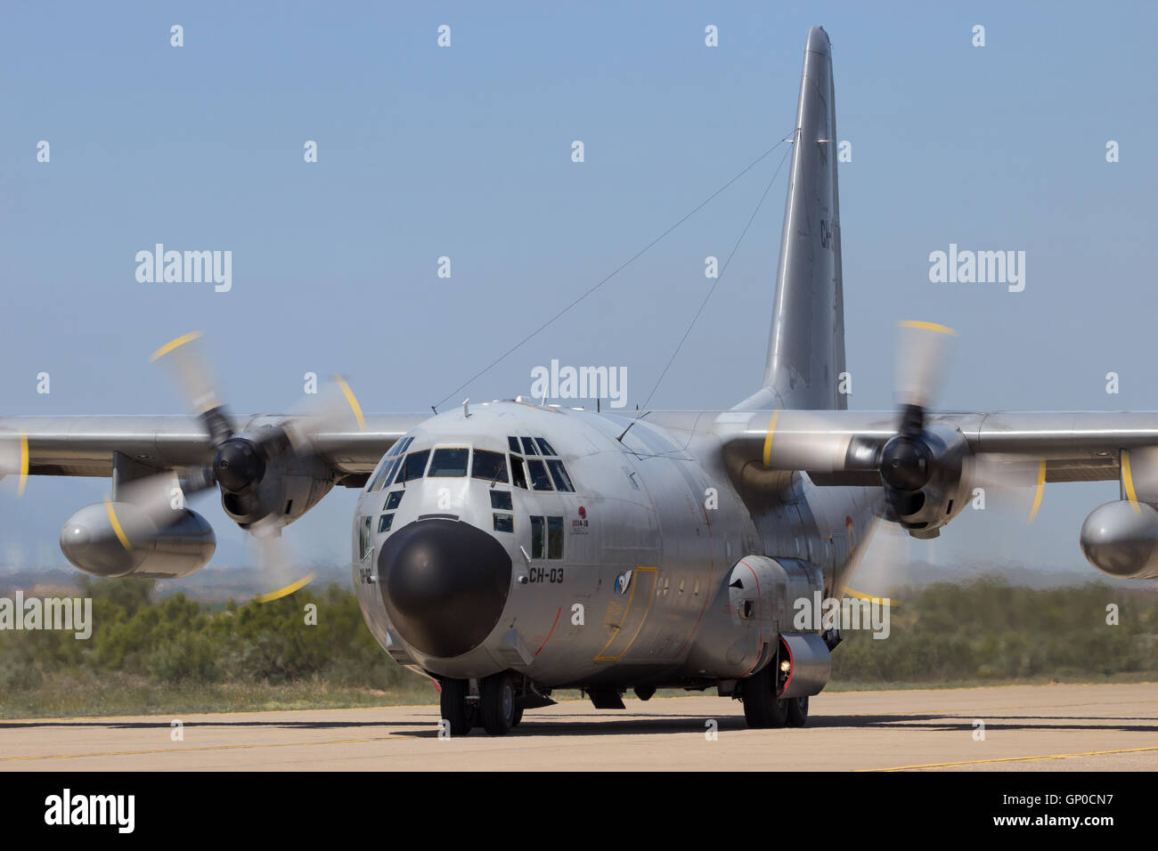 Belgian Air Force C-130 Hercules cargo plane taxiing after landing on Zaragoza airbase. Stock Photo