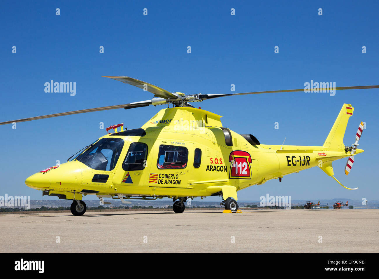 Inaer Agusta A-109E Power rescue helicopter on the tarmac of Zaragoza airbase. Stock Photo