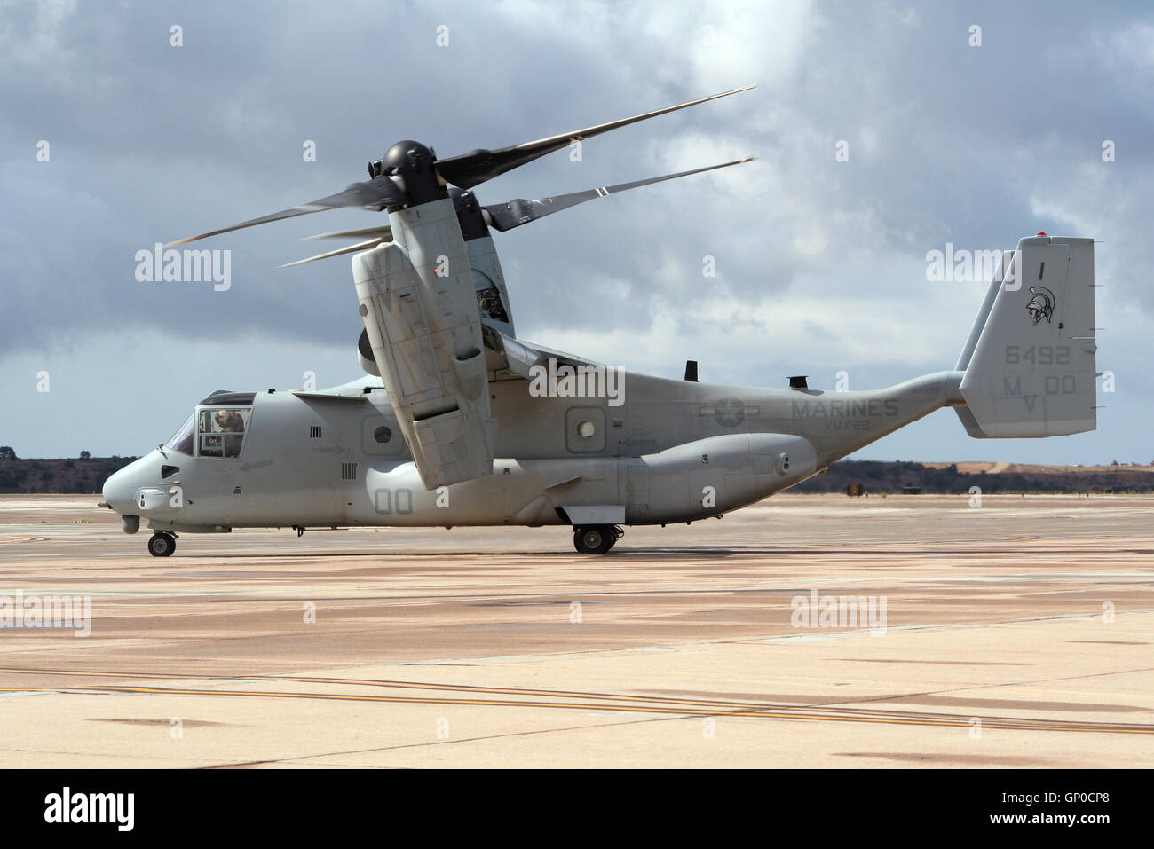 US Marines MV-22 Osprey taxiing for take off at the Naval Air Station Miramar. Stock Photo