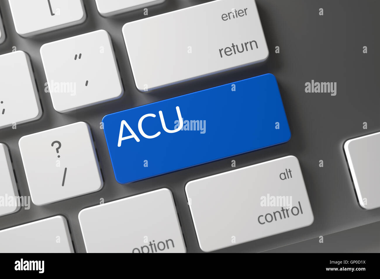 Acu - Average Concurrent Users, Concept Slim Aluminum Keyboard with Acu on Blue Enter Key Background, Selected Focus. 3D Render. Stock Photo