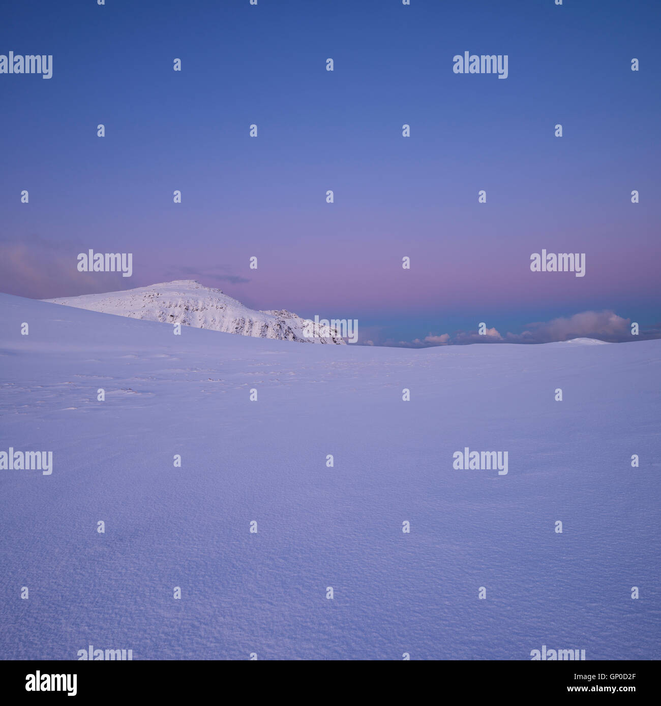 Winter mountain landscape at dawn, Moskenesøy, Lofoten Islands, Norway Stock Photo