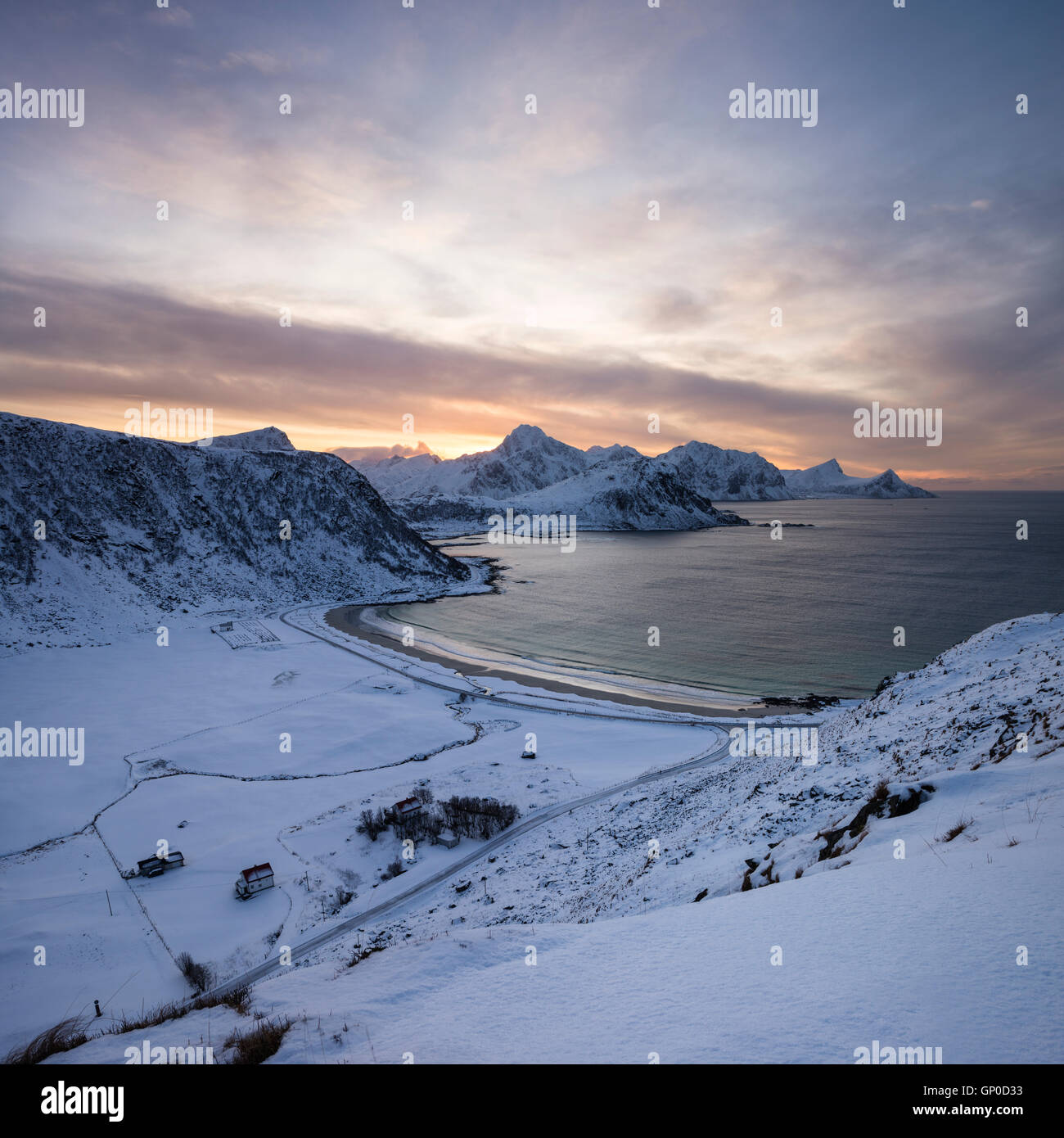 View over Vik beach in winter, Vestvågøy, Lofoten Islands, Norway Stock Photo