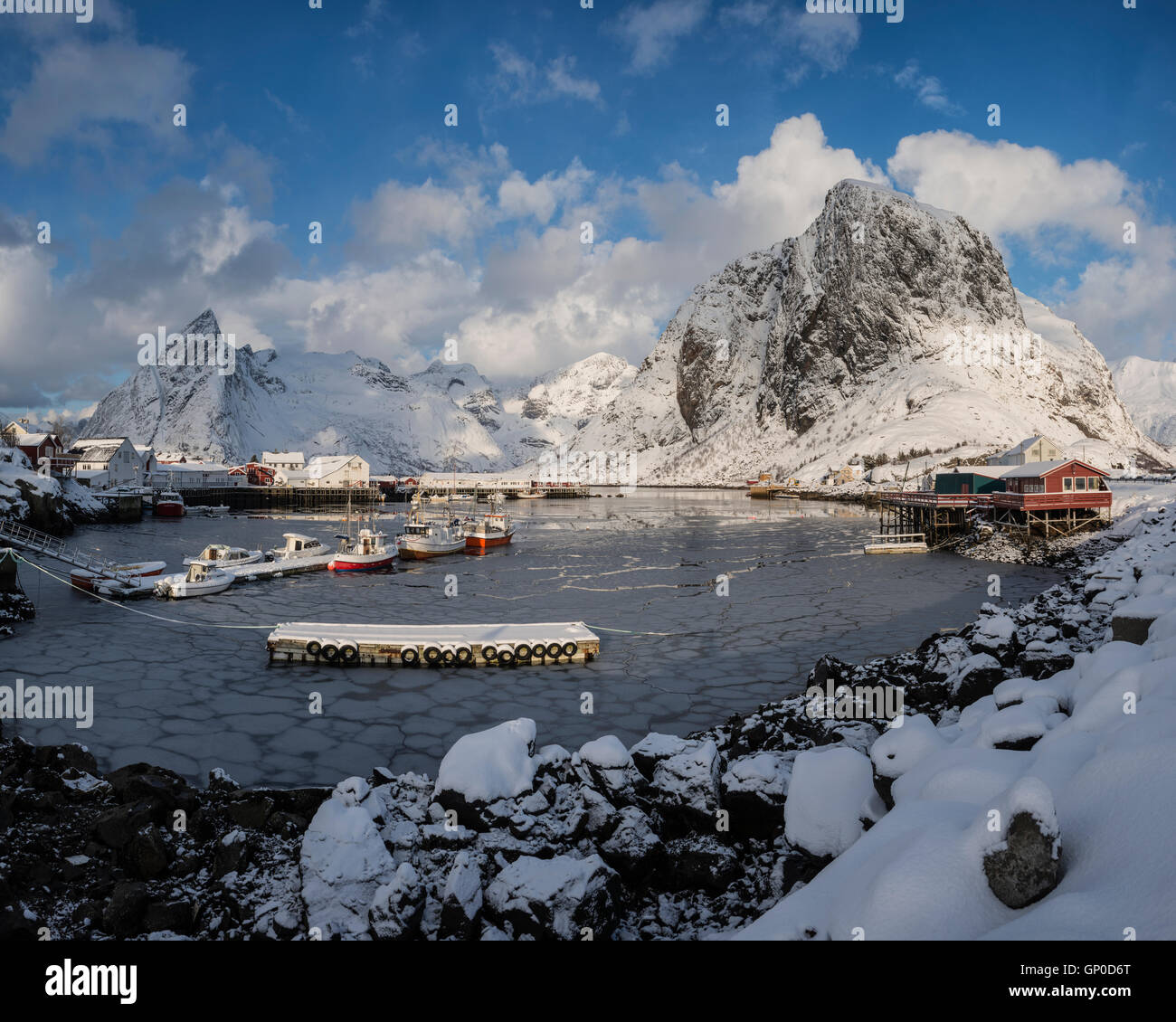 Frozen harbor at Hamnøy in winter, Moskenesøy, Lofoten Islands, Norway Stock Photo