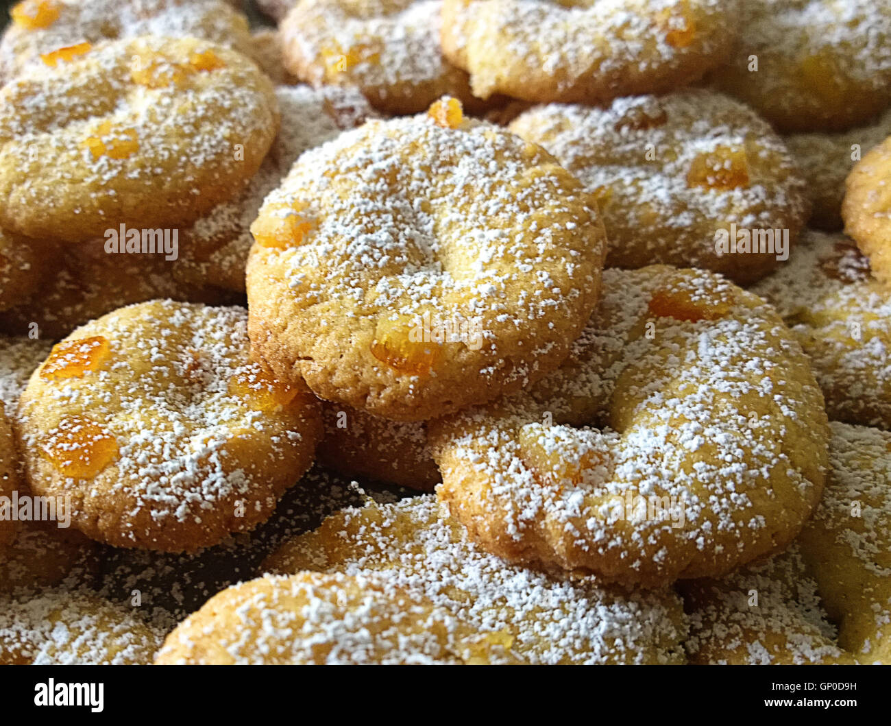 Food background, homemade cookies baked with candied orange peels and