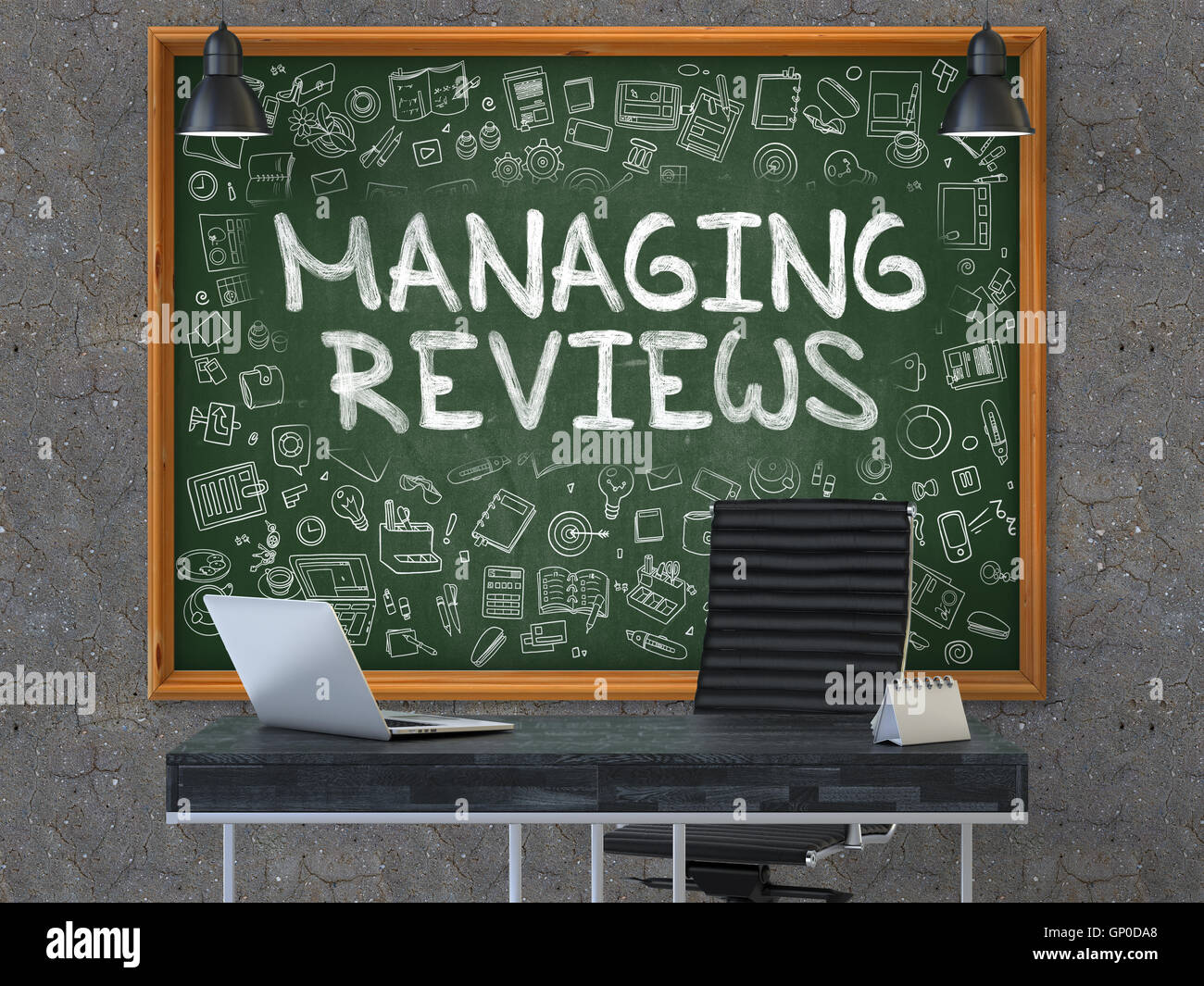 Managing Reviews Concept Handwritten on Green Chalkboard with Doodle Icons. Office Interior with Modern Workplace. Dark Old Conc Stock Photo