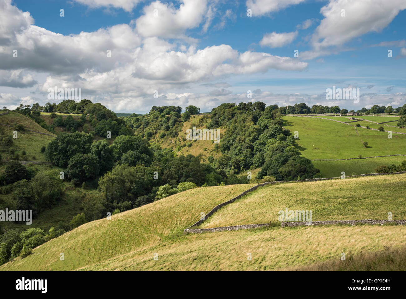 View of the Dove valley near Milldale in the Peak District. Green trees cling to the steep slopes. Stock Photo