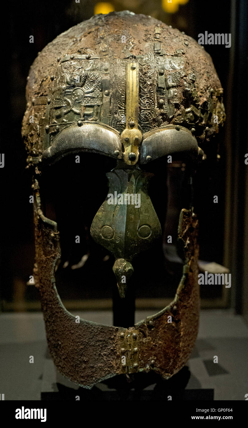 Iron helmet with bronze fittings. Province of Uppland, Vendel. 550-800 AD. Swedish prehistory. Vendel Period (550-790). Swedish History Museum. Stockholm. Stock Photo