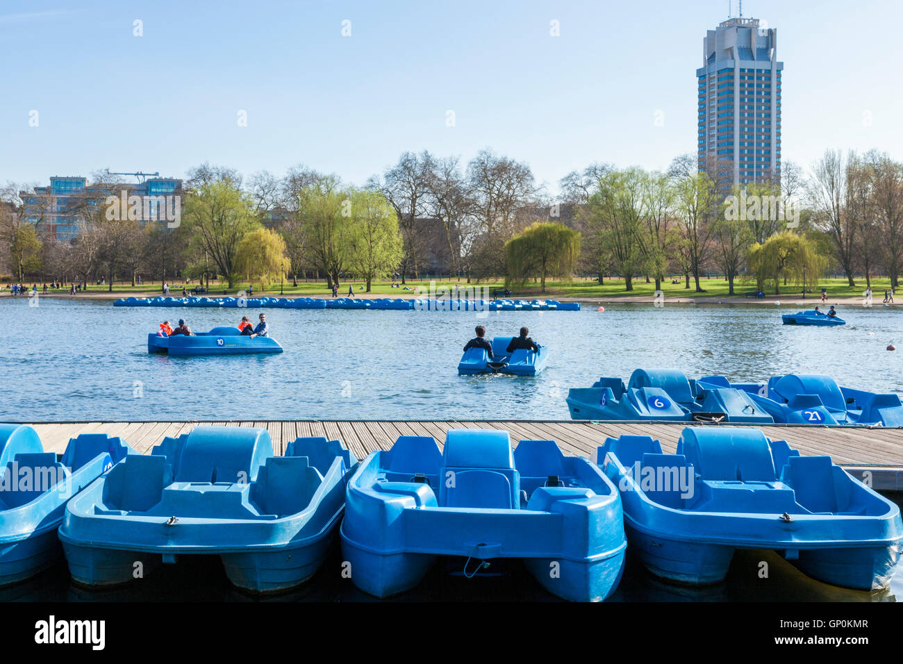 Pedal boats on the Serpentine, Hyde Park, London, England, UK Stock Photo