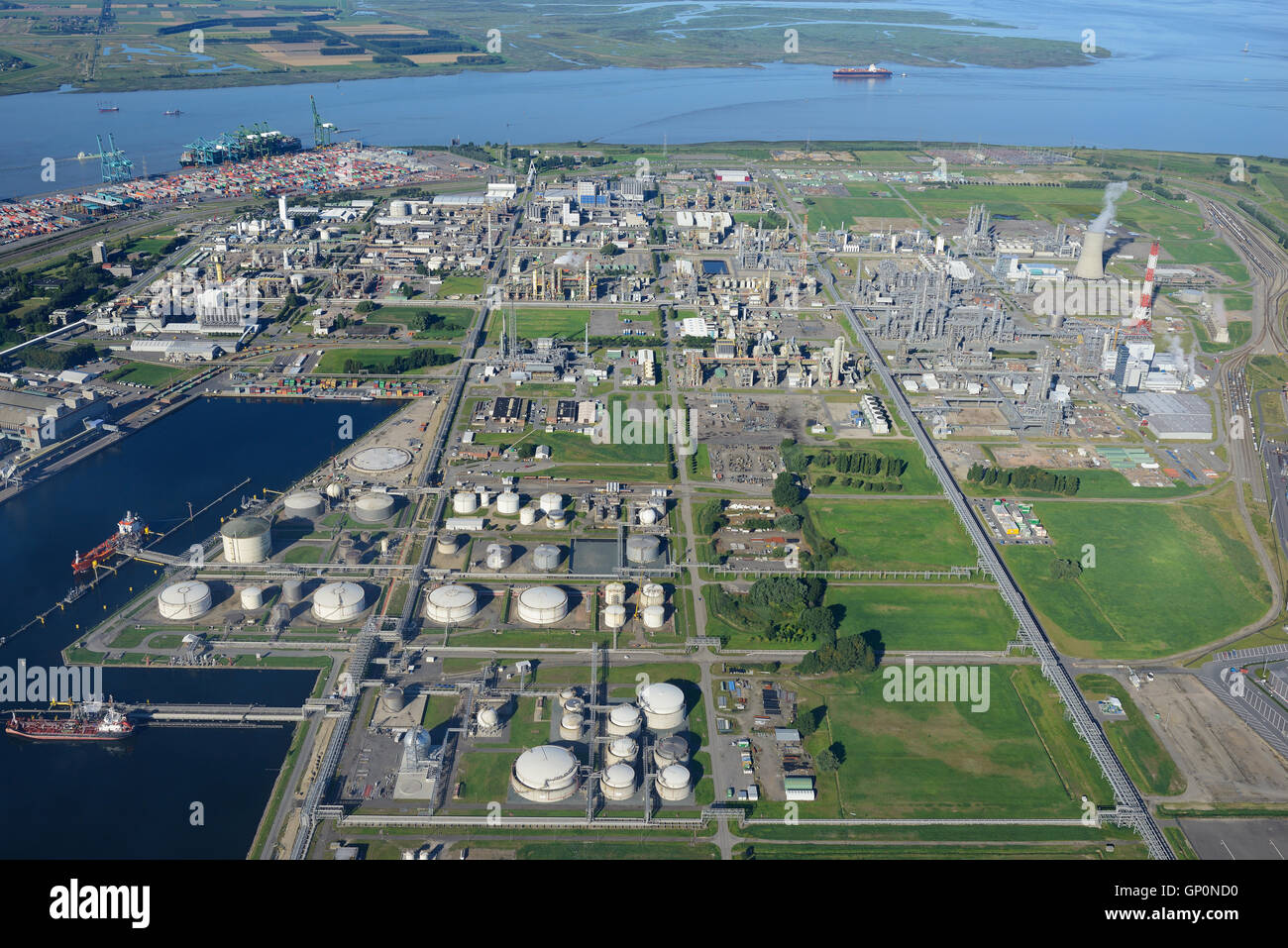 AERIAL VIEW. Chemical production site of BASF Antwerpen. Antwerp Harbor, Flemish Region, Belgium. Stock Photo