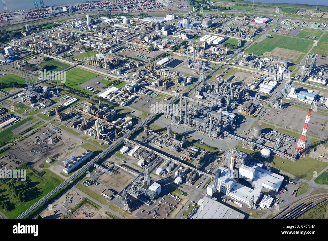 AERIAL VIEW. Chemical production site of BASF Antwerpen. Antwerp Harbor, Flemish Region, Belgium. Stock Photo