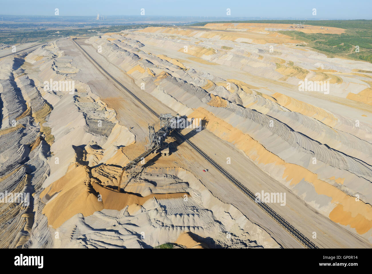 AERIAL VIEW. Spreader disposing of the overburden. Hambach Coal Mine, North Rhine-Westphalia, Germany. Stock Photo