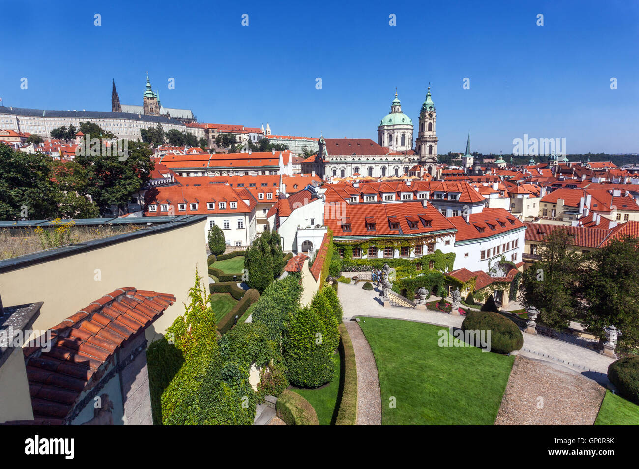 Prague gardens, Vrtba garden, Lesser Town, Prague Castle and St Nicholas Church, Czech Republic Stock Photo