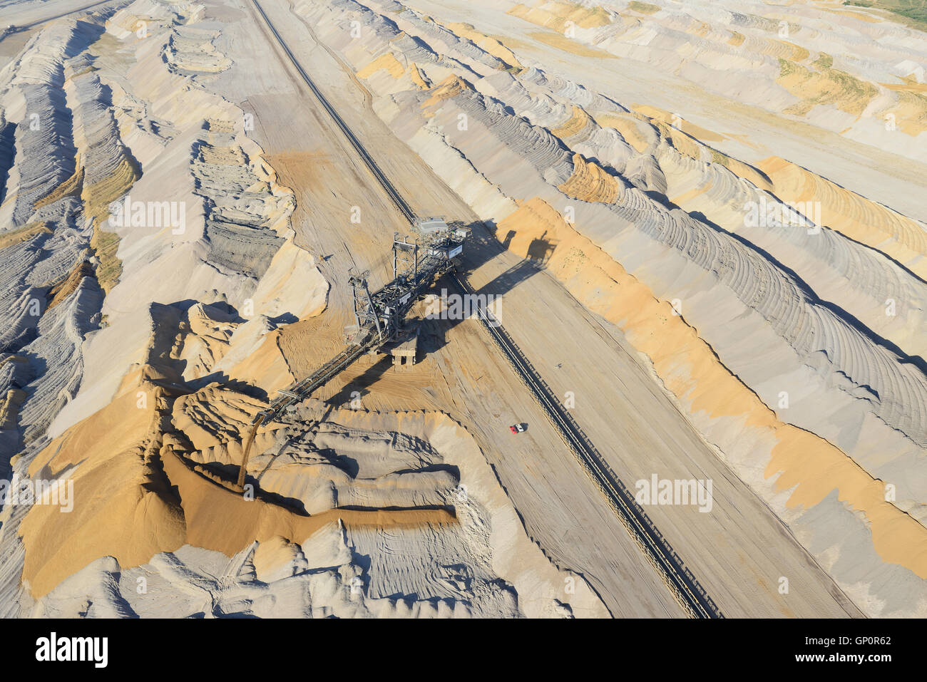 AERIAL VIEW. Spreader disposing of the overburden. Hambach Coal Mine, North Rhine-Westphalia, Germany. Stock Photo