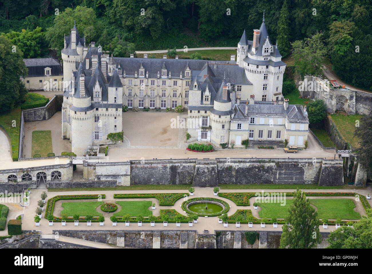 AERIAL VIEW. Ussé Castle. Rigny-Ussé, Indre-et-Loire, Centre-Val de Loire, France. Stock Photo