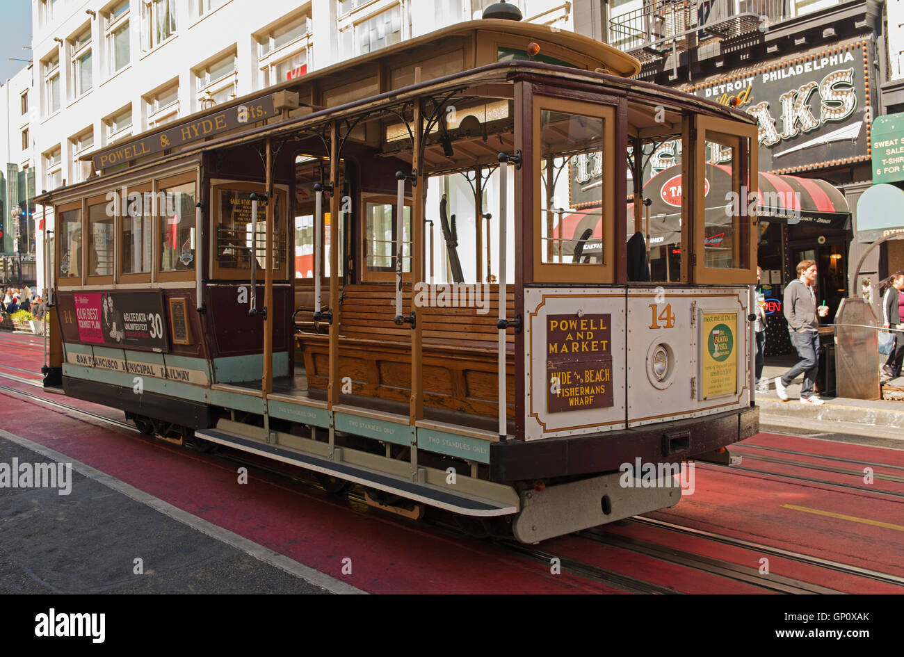 Empty, historic tram car on the street in Downtown San Francisco.Editorial. Close, horizontal view. Stock Photo