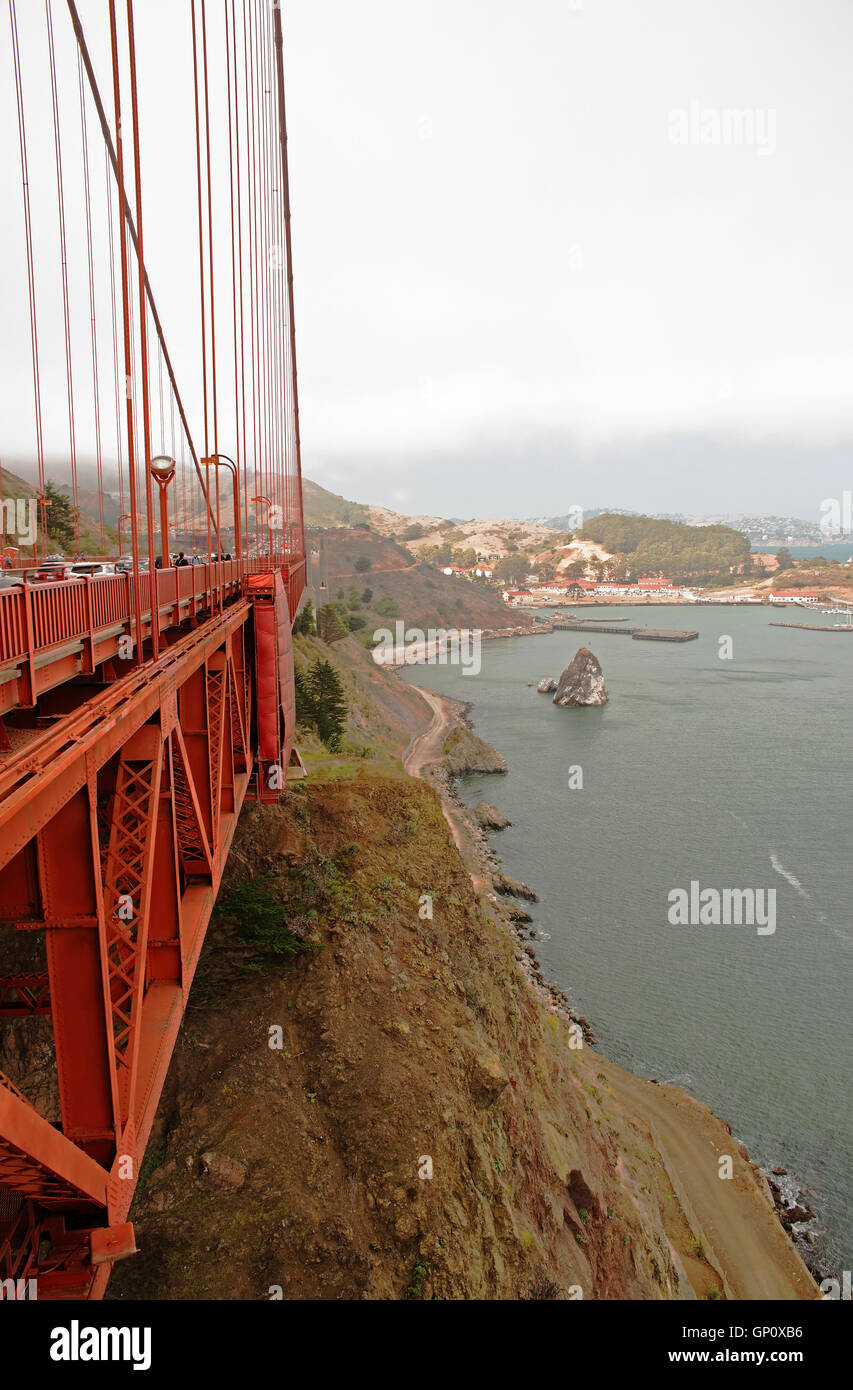 Side view of the Golden Gate Bridge, cliff coast, the bay and the second edge. Editorial. Vertical view. Stock Photo