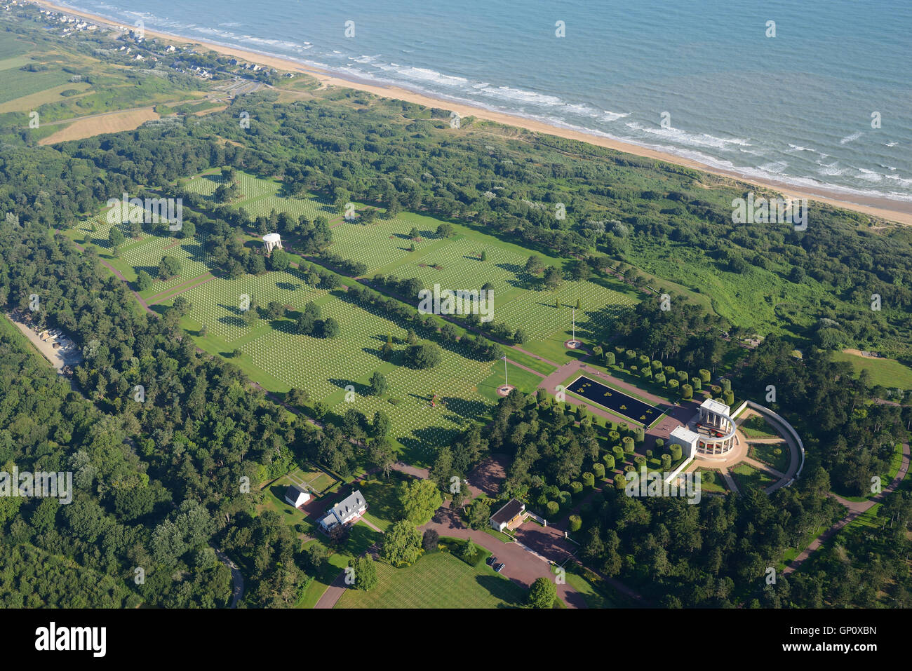 AERIAL VIEW. Normandy American Cemetery and Memorial overlooking Omaha Beach. Colleville-sur-Mer, Calvados, Normandie, France. Stock Photo