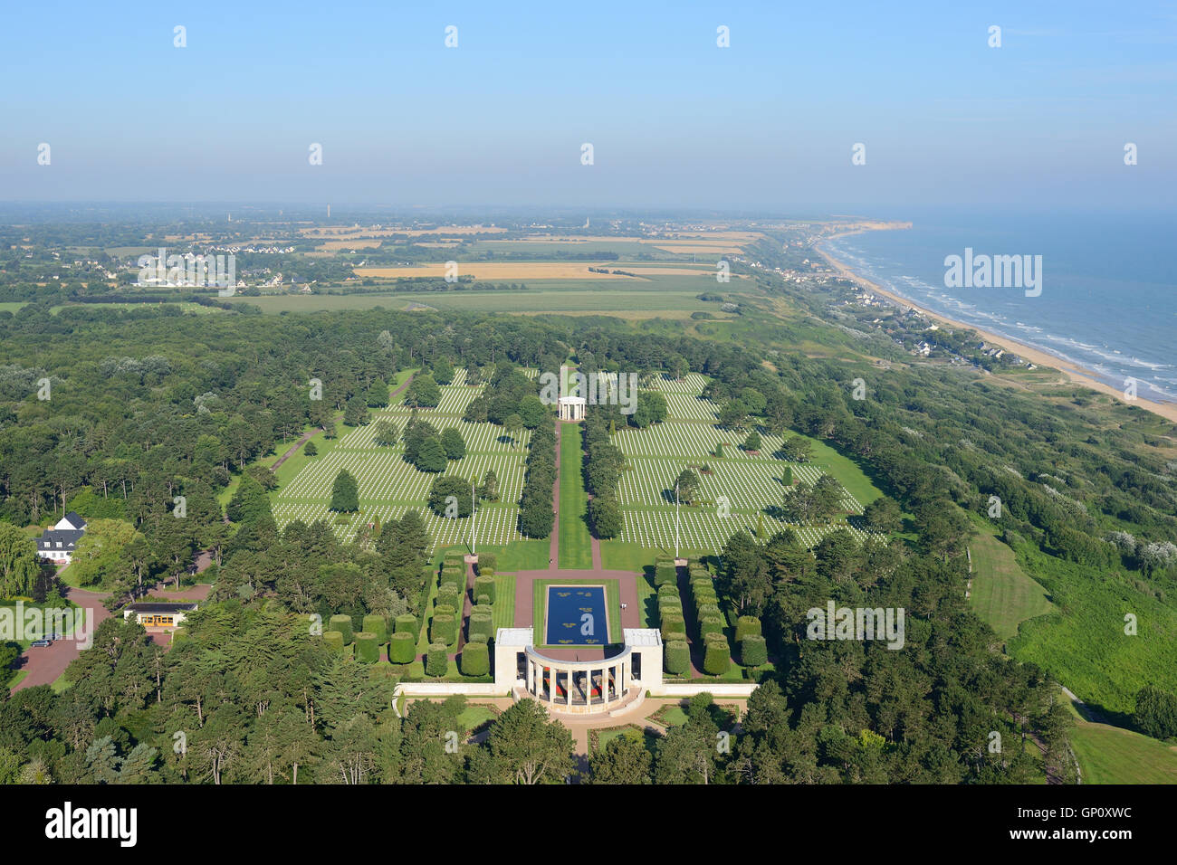 AERIAL VIEW. Normandy American Cemetery and Memorial overlooking Omaha Beach. Colleville-sur-Mer, Calvados, Normandie, France. Stock Photo