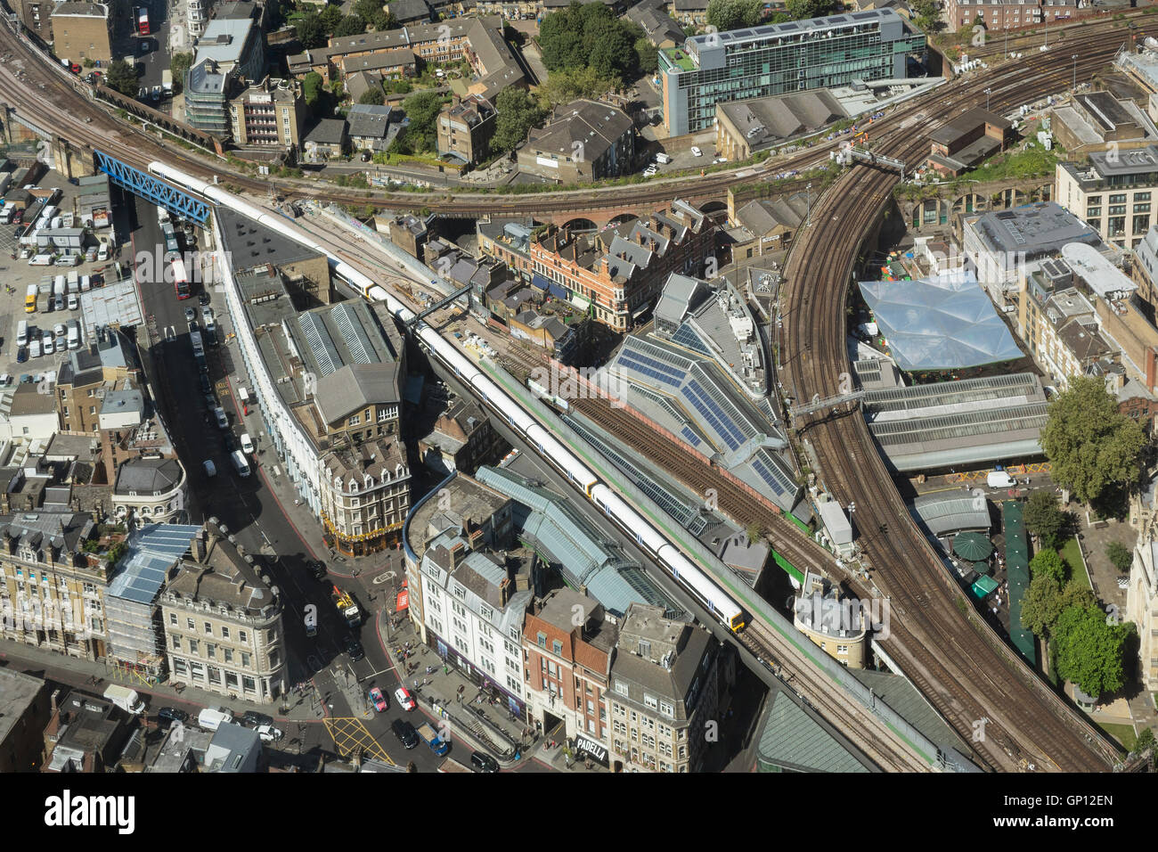 England, London, rail triangle to London bridge & Cannon street stations, aerial Stock Photo