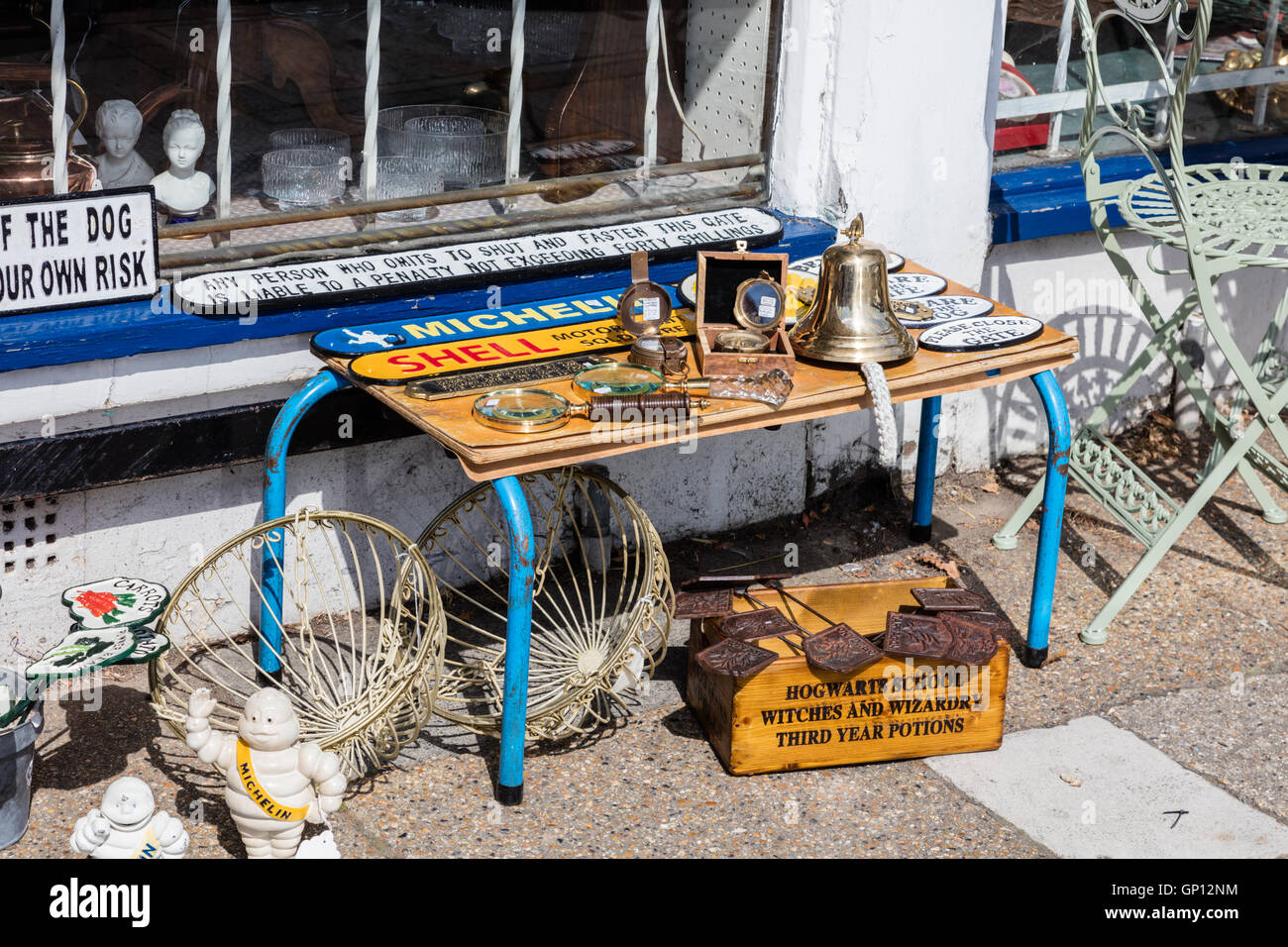 Bric a Brac on display outside of Antique and Second hand shops in