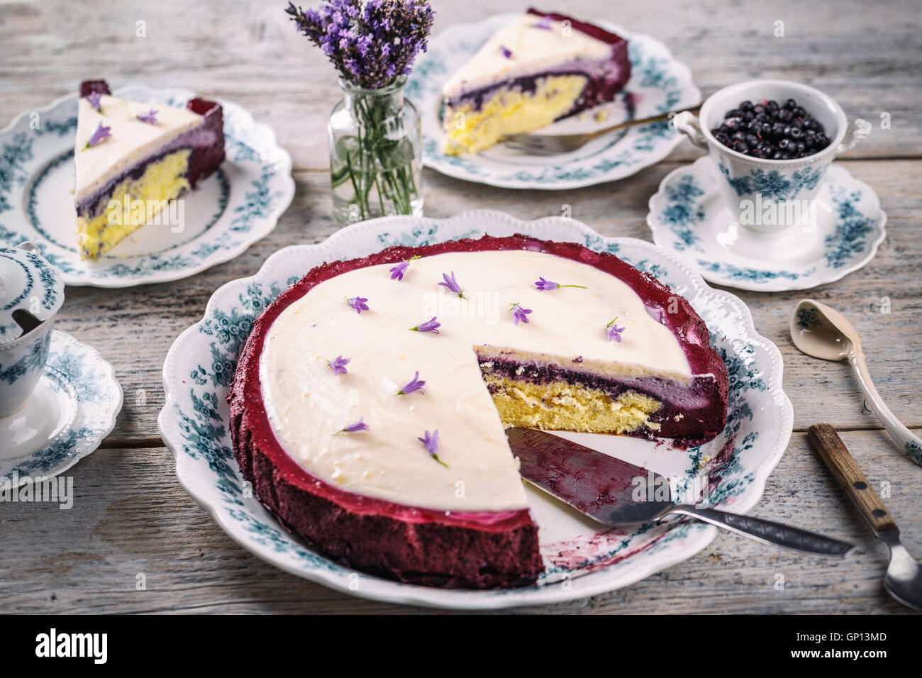 Blueberry cake with whipped yoghurt, mascarpone and cream Stock Photo ...