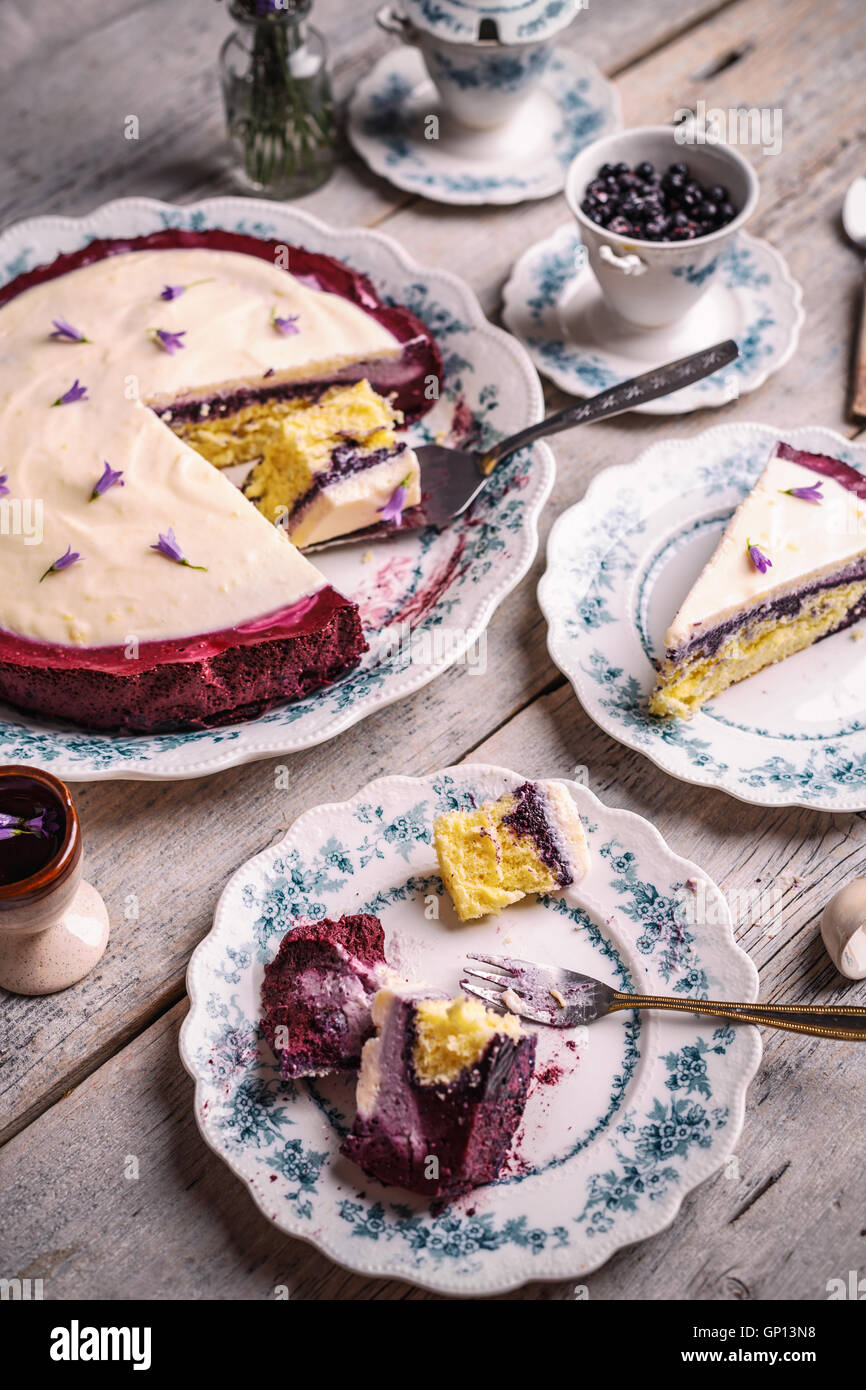 Blueberry cake with whipped yoghurt, mascarpone and cream Stock Photo ...