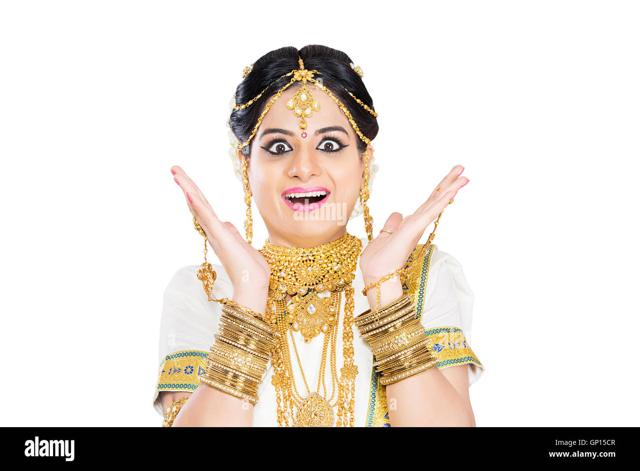 1 Beautiful Adult Bride Malayalee Woman Diwali Offer face Expression Surprise Stock Photo