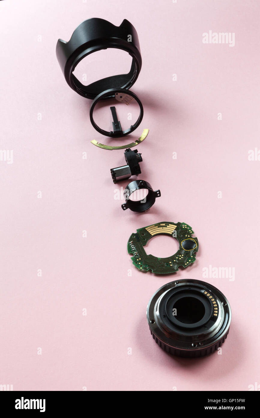 Components of a camera lens sorted and viewed from above Stock Photo