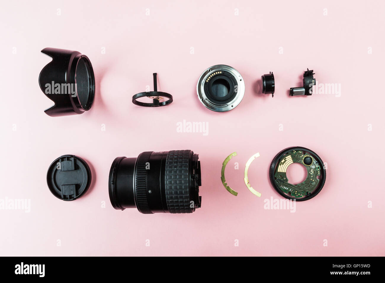 Components of a camera lens sorted and viewed from above Stock Photo