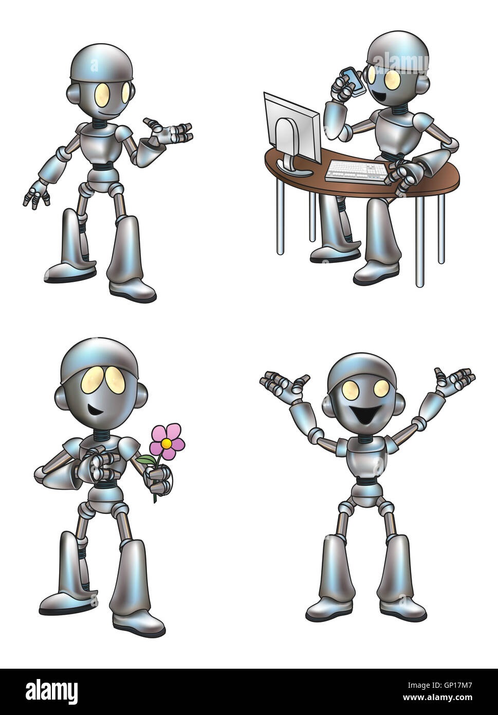 Cartoon robot mascot character in various poses Stock Photo