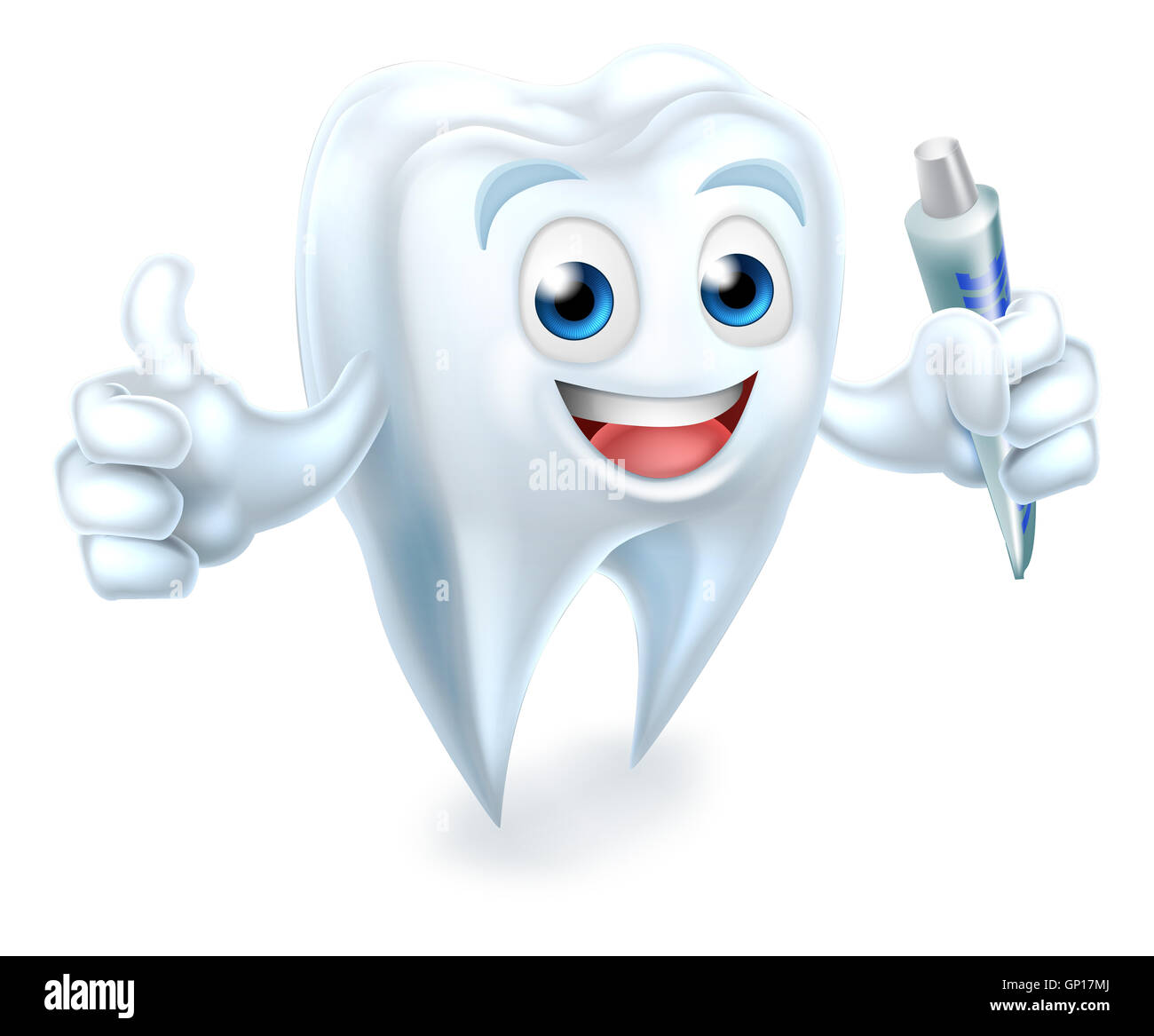 A cartoon cute tooth dental dentists mascot character doing a thumbs up and holding toothpaste Stock Photo