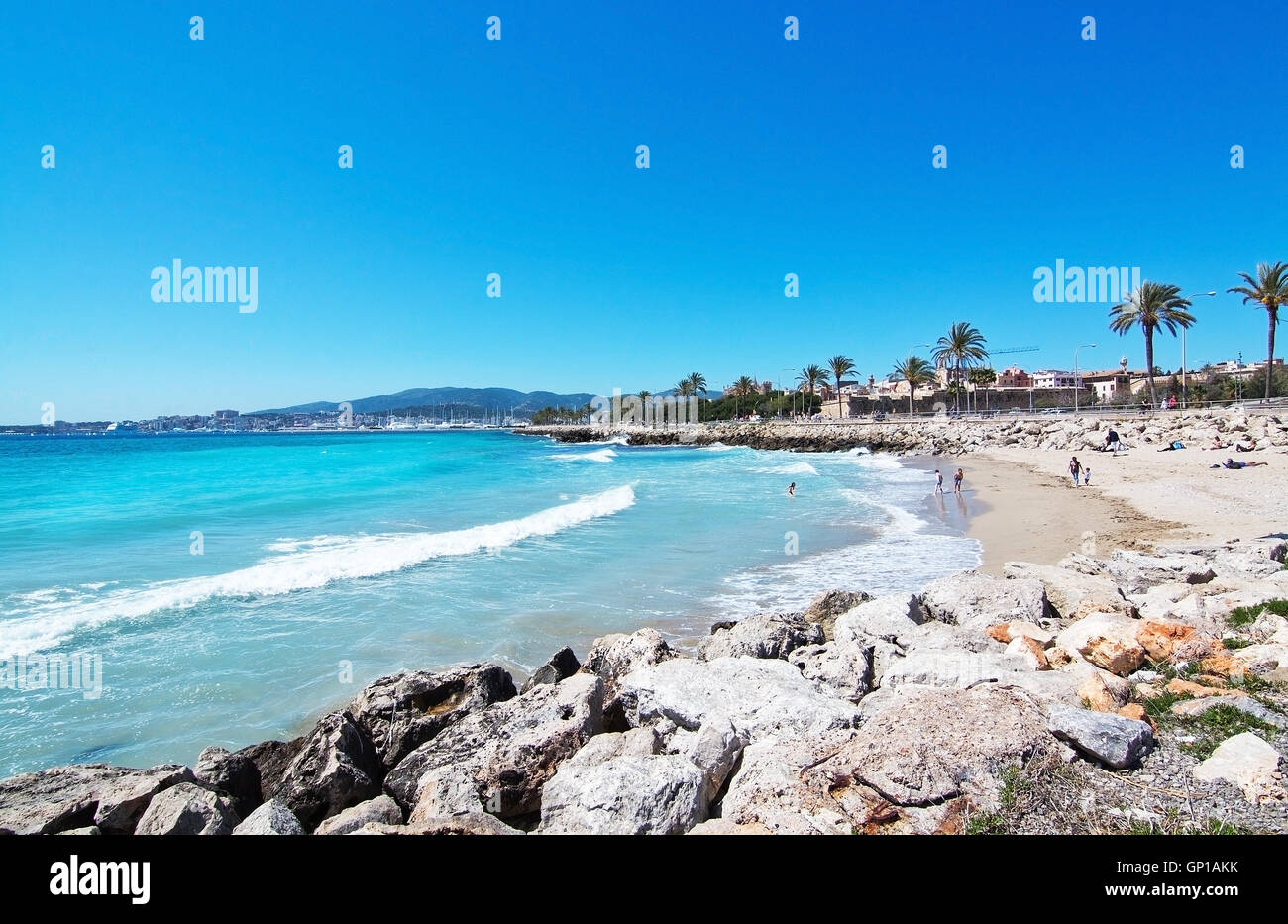 Palma beach next to bicycle route on April 10, 2016 in Palma de Mallorca, Balearic islands, Spain. Stock Photo