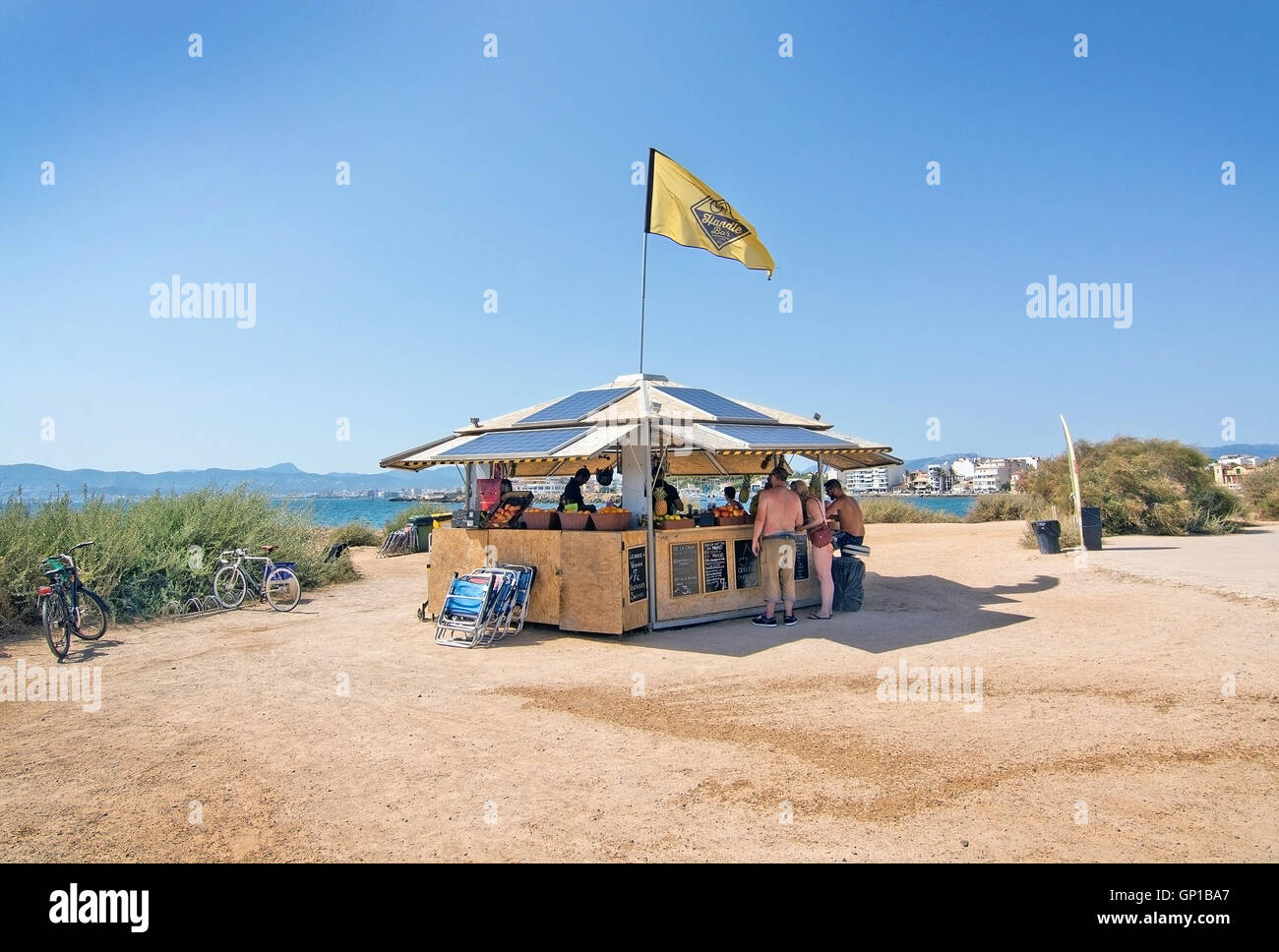 Small beach hut cafe along outdoor bicycling track on a sunny day on July 30, 2016 in Palma de Mallorca, Balearic islands, Spain Stock Photo