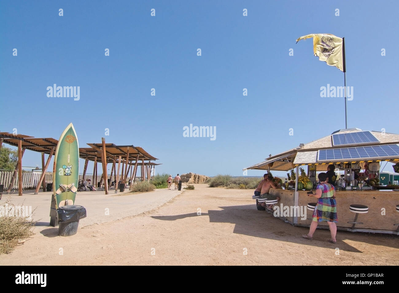 Small beach hut cafe along outdoor bicycling track on a sunny day on July 30, 2016 in Palma de Mallorca, Balearic islands, Spain Stock Photo