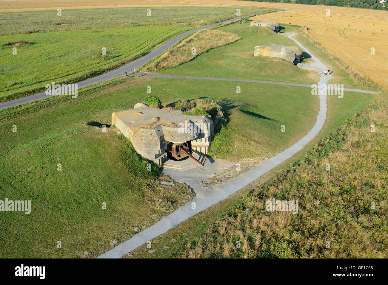 AERIAL VIEW. Three of the four armored gun emplacements of the German  Artillery Battery in Longues-sur-Mer. Calvados, Normandie, France Stock  Photo - Alamy