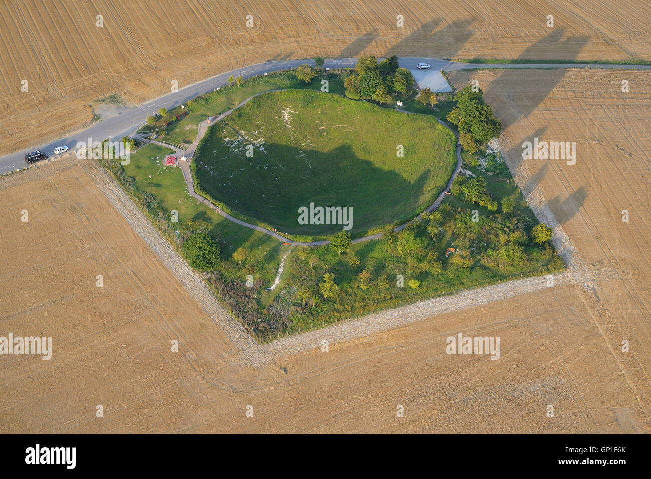AERIAL VIEW. Mine crater from World War One. Lochnagar Crater, Ovillers-la-Boisselle, Somme, Picardie, Hauts-de-France, France. Stock Photo