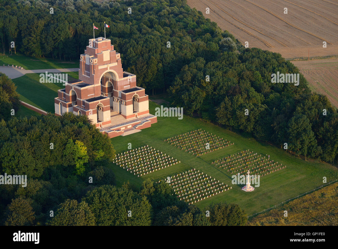 AERIAL VIEW. World War One memorial to missing British servicemen. Thiepval, Somme, Hauts-de-France, France. Stock Photo