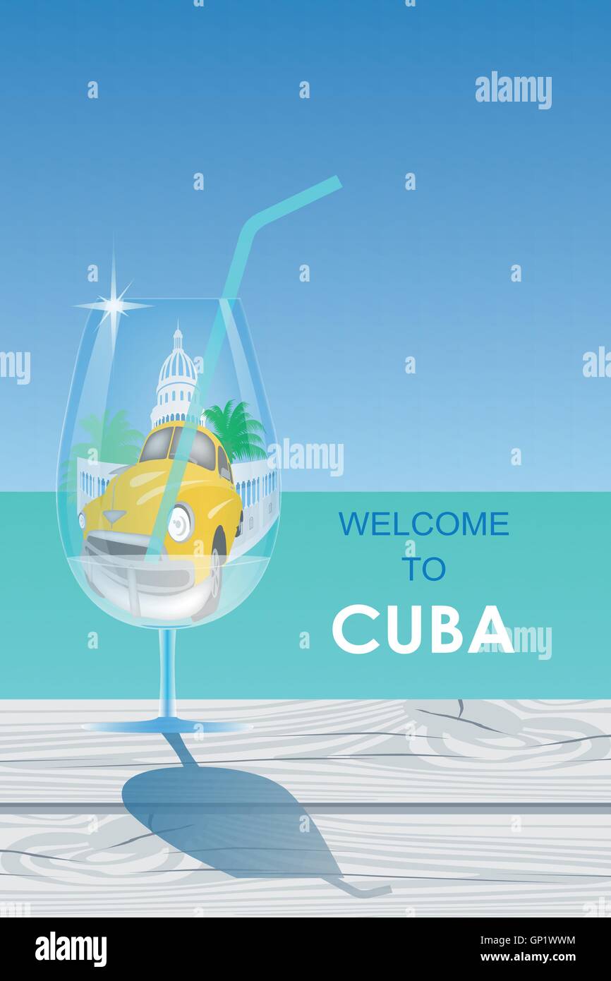 Cuba travel symbols - capitol, old car, palms - in the cocktail glass standing on the  wooden cracked table on the turquoise sea Stock Vector