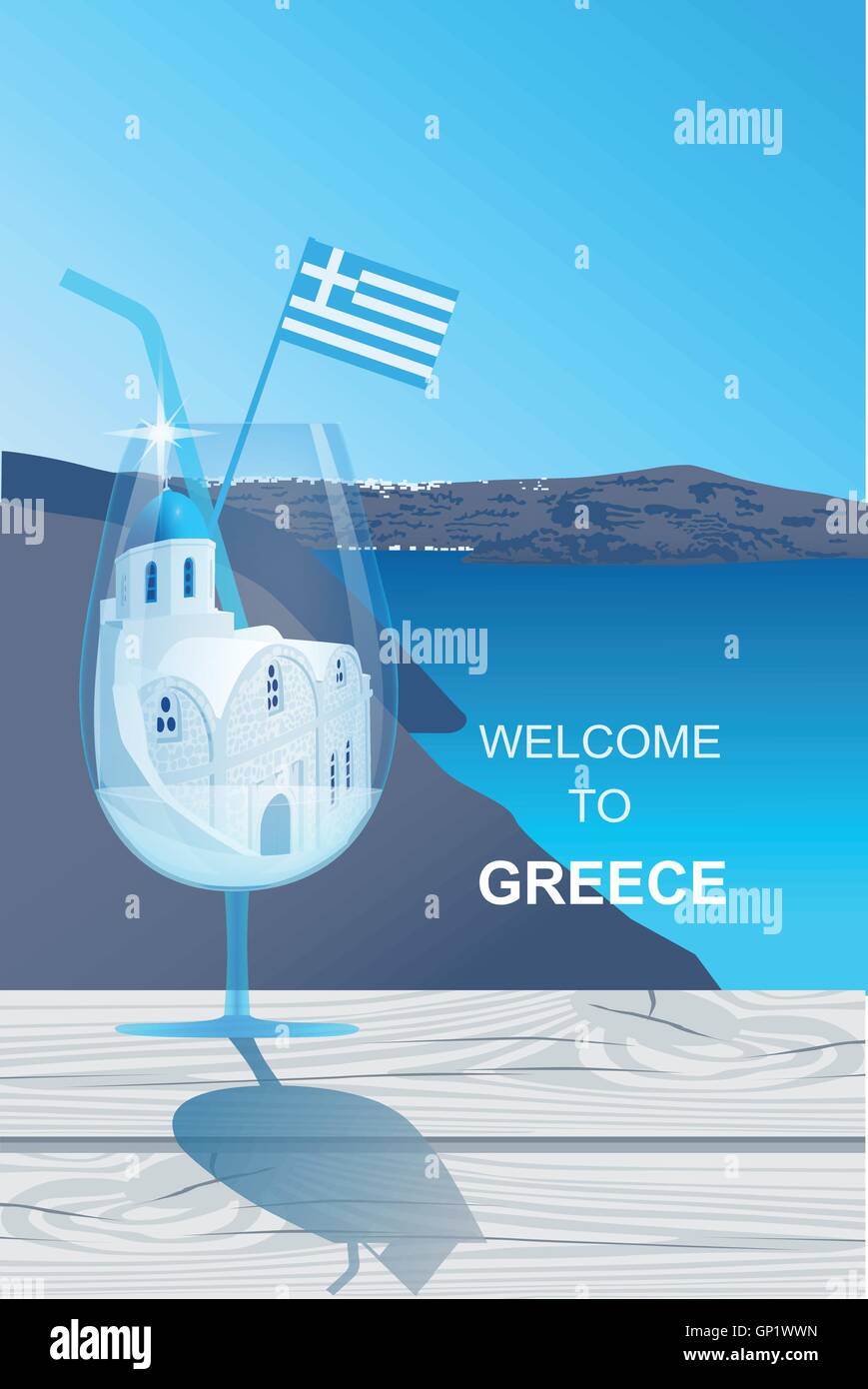 Cocktail glass with white church with blue dome at Santorini island standing on the wooden cracked table.  Welcome to Greece vec Stock Vector
