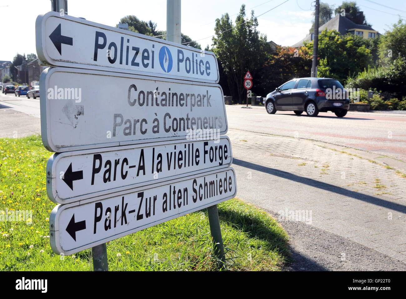 Bilingual Signs (german and french) in the German-speaking Community near Eupen in Belgium Stock Photo