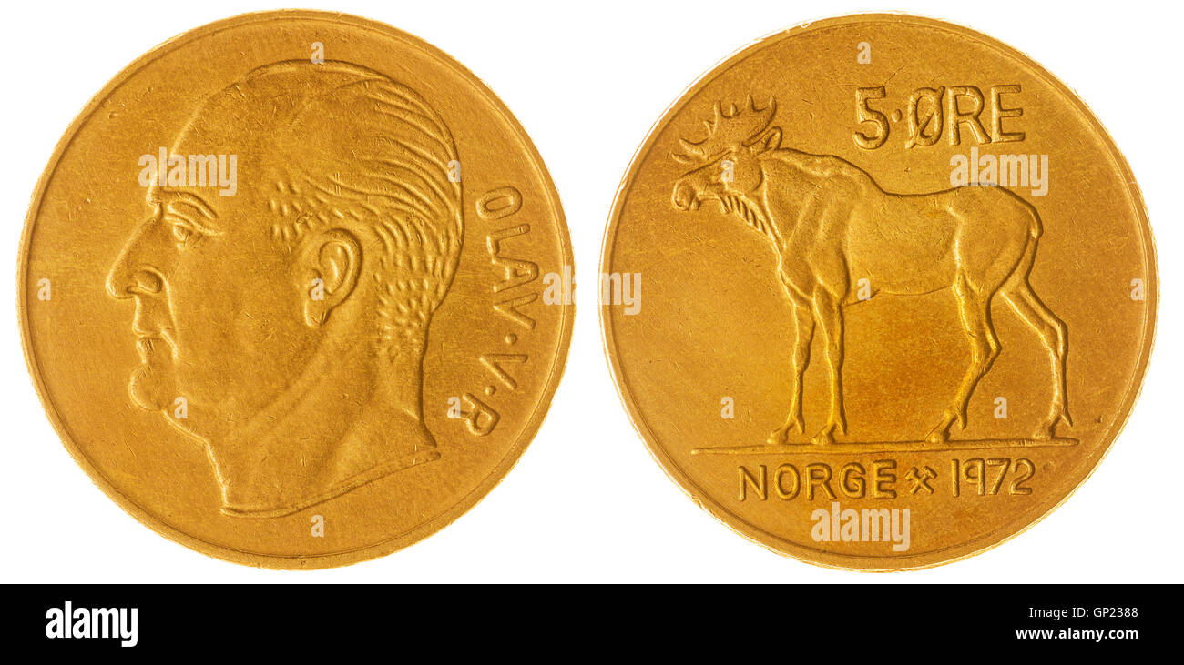 Bronze 5 ore 1972 coin isolated on white background, Norway Stock Photo