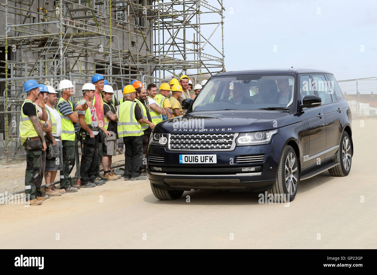 The Duke and Duchess of Cambridge arrive for their visit to Nansledan, a 218-hectare site that will provide future business and housing for the local area in Newquay as part of their day-long tour of Cornwall. Stock Photo