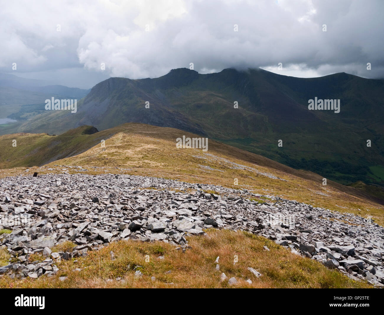 The hills of the Nantlle Ridge viewed from the summit of Mynydd Mawr in Snowdonia National Park Stock Photo