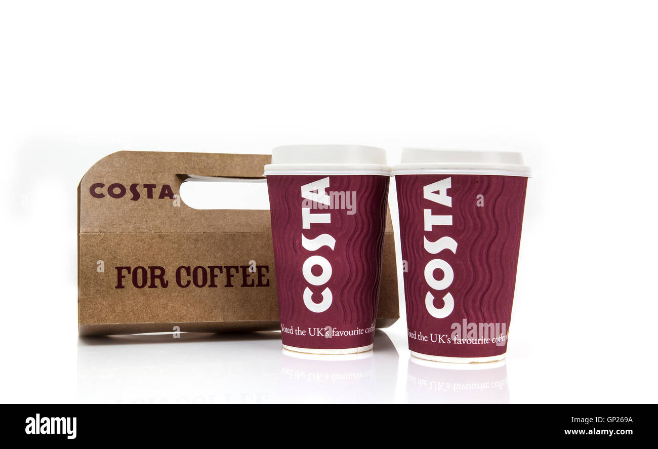 Costa Coffee Take away cups and carrier Stock Photo