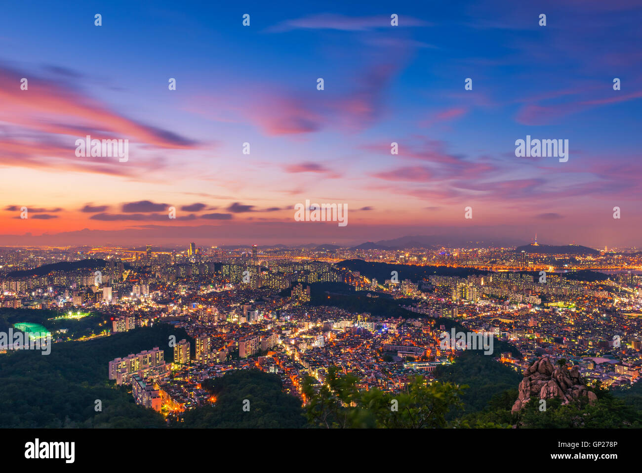 Sunset of Seoul City Skyline, South Korea. Stock Photo
