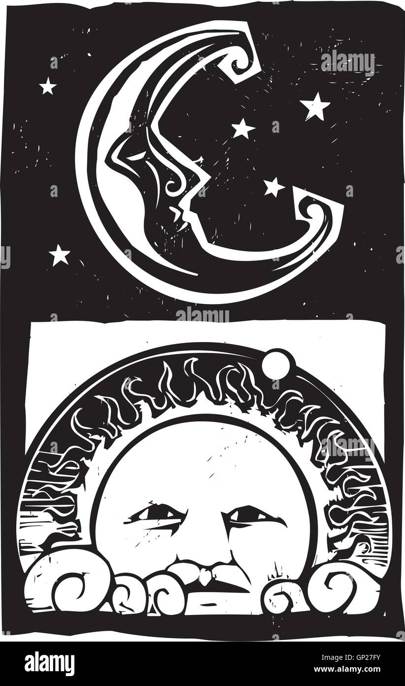 Woodcut style man in moon and sun face with planets in orbit Stock Vector
