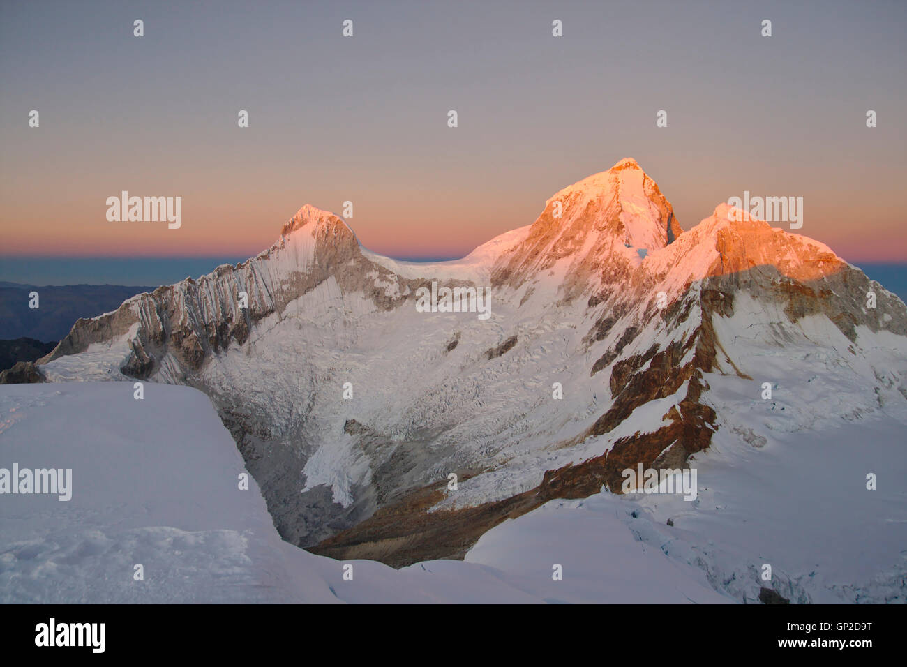 Huandoy from Nevado Pisco at sunrise, Cordillera Blanca, Peru Stock Photo