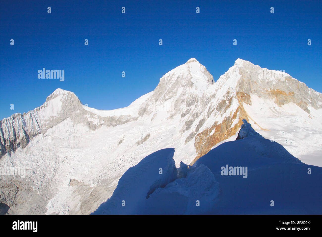 Huandoy from the ridge of Nevado Pisco, Cordillera Blanca, Peru Stock Photo