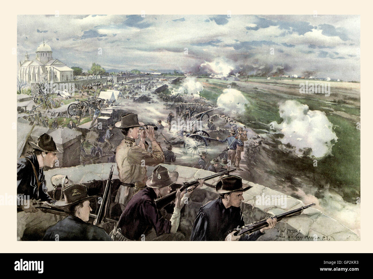 The Battle of Caloocan, Philippines, February 10, 1899, in the early stages of the Philippine-American War; view from the Chinese Church.  Battery of Utah artillery in the middle foreground, the Tenth Pennsylvania Volunteers of General MacArthur's division behind the wall. After a drawing by G. W. Peters. Stock Photo